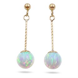 Pair of 9ct gold opal pendant stud earrings, stamped