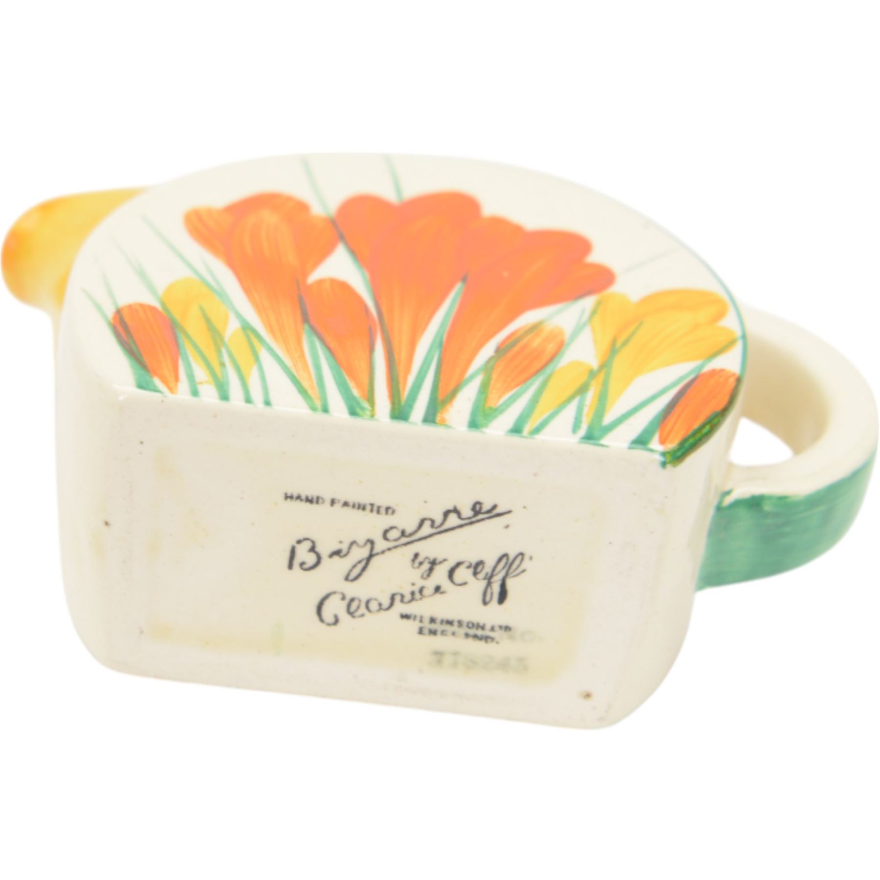 Clarice Cliff Biarritz Bonjour shape tea service for six, in Sungleam Crocus pattern, comprising teapot, milk jug, open sucrier, cups and saucers, all with printed Biarritz by Clarice Cliff  Wilkinson Ltd England beneath, teapot H20cm

