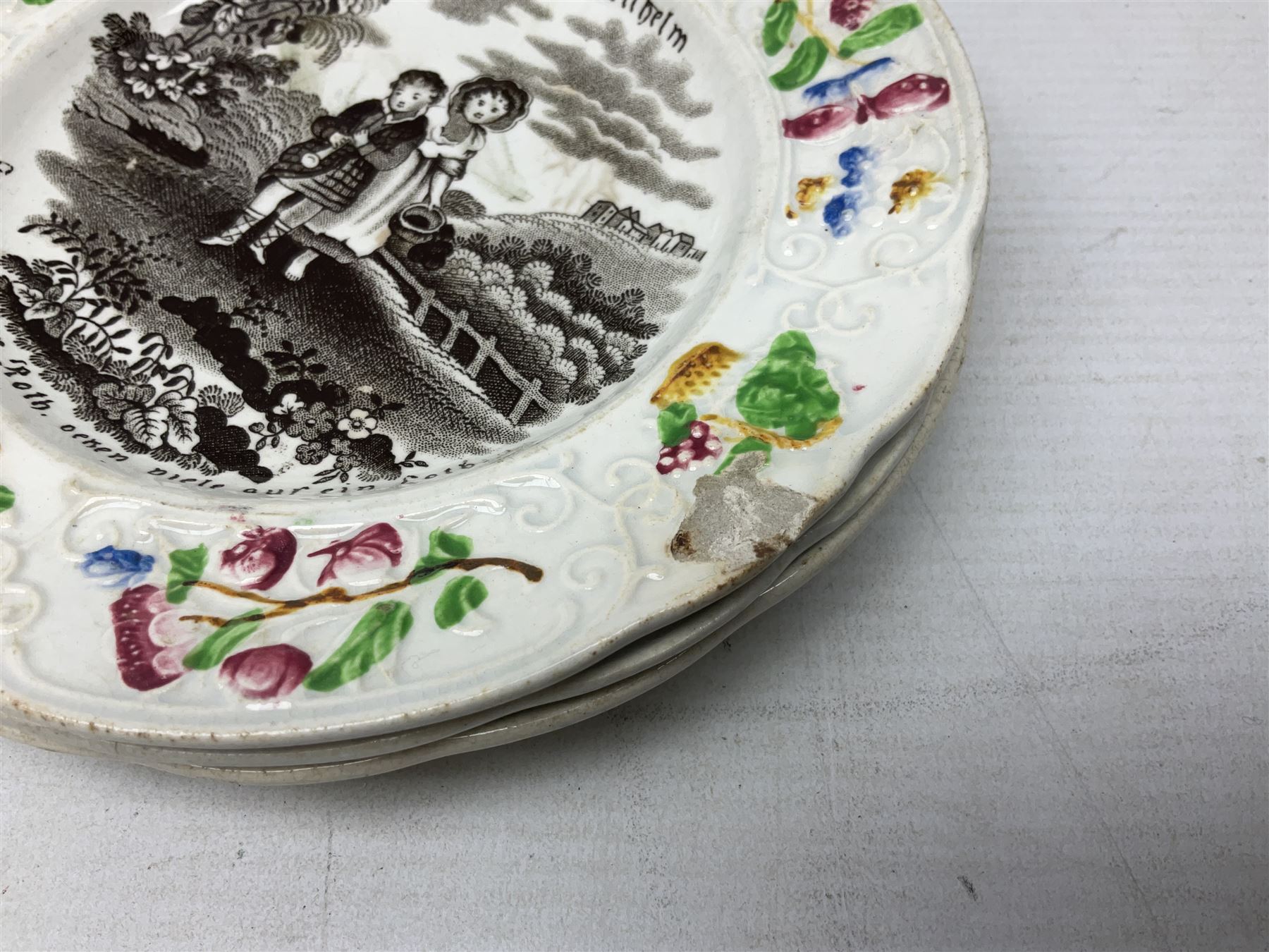 Collection of 19th century William Smith & Co nursery plates, to include examples decorated in the pastime series, and similar, all with moulded floral borders