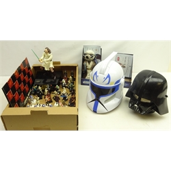  Star Wars - Star Wars chess set, lacking pieces and other figures, Luke Skywalker battery operated figure on stand, Darth Vader mask, Clone Trooper helmet, Sergei Obi-Wan Kenobi toy, boxed etc   