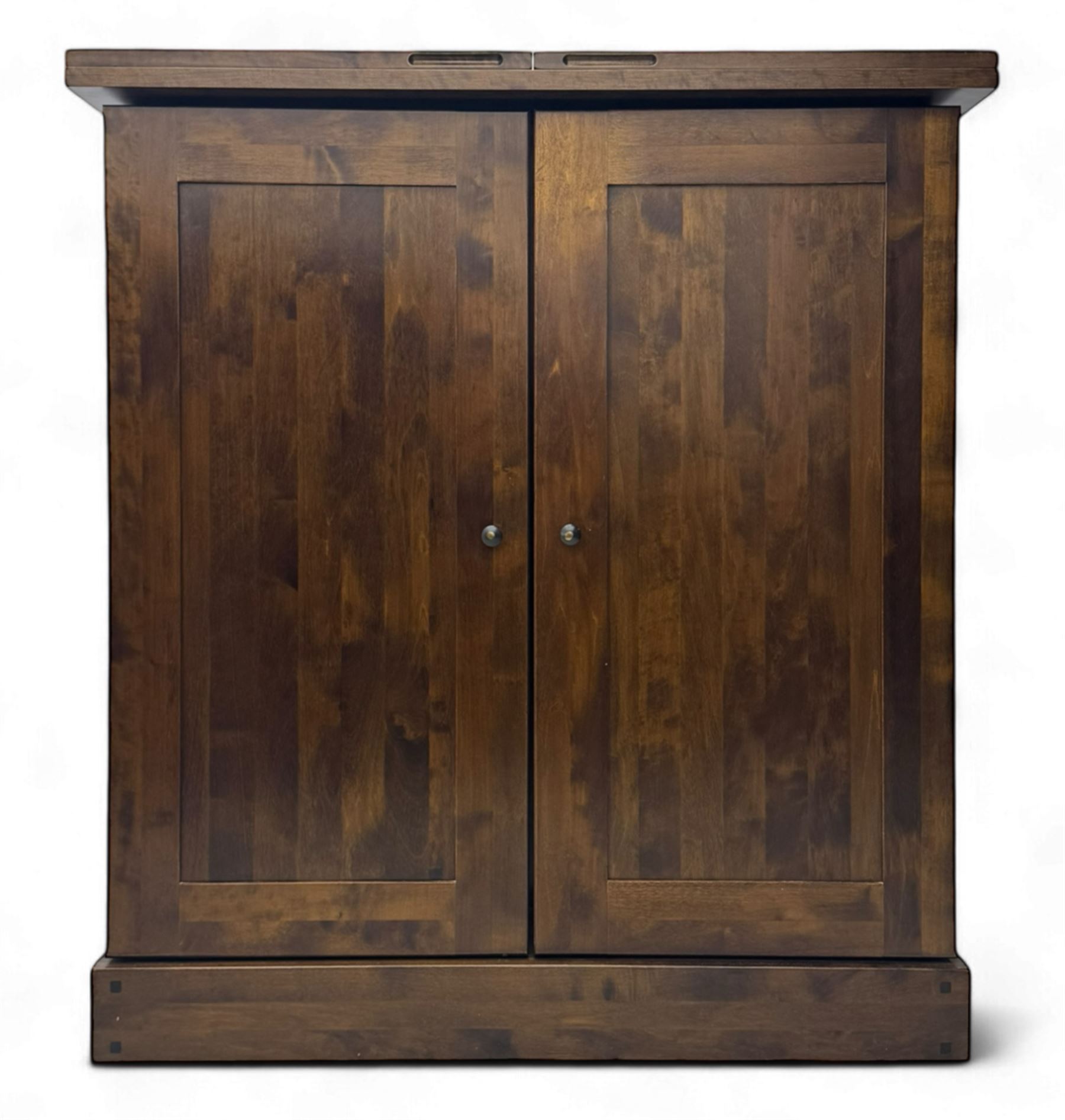 Laura Ashley - contemporary 'Garret' birch and dark chestnut finish bar cabinet, rectangular top with fold-out sides, double front doors enclosing shelving, wine racks, and glass storage, built-in stemware racks and bottle compartments, raised on plinth base