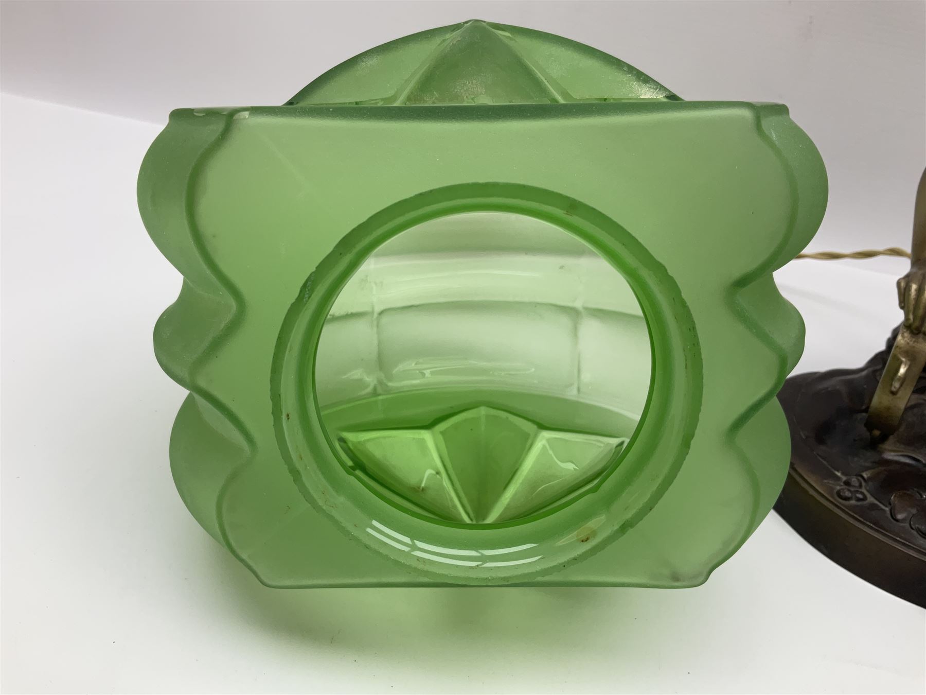 Art Deco style bronzed and gilded spelter figural table lamp with green Uranium glass shade; H48cm, another table lamp; and a bisque group