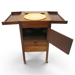 George III mahogany gentleman's washstand, rectangular double-hinged top enclosing fitted interior, over pot cupboard and two cock-beaded drawers, on square supports with castors