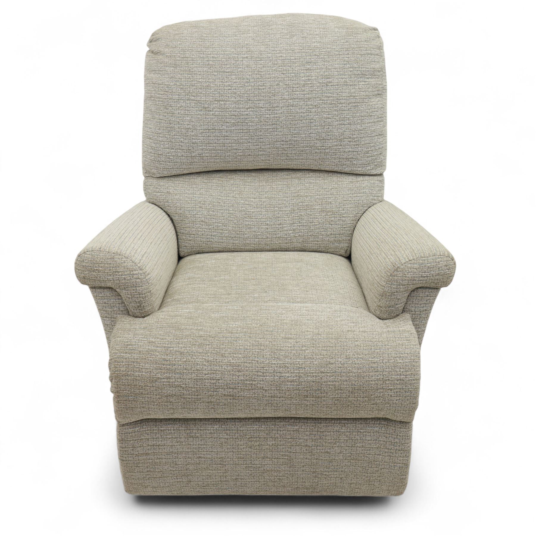 Sherborne - Pair of armchairs, in grey chenille fabric upholstery with fixed cushions and upholstered scroll arms, on castors