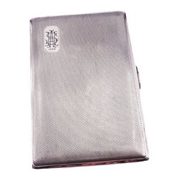 1940's silver cigarette case, with engine turned decoration and engraved monogram to panel to upper left corner, hallmarked Smith & Bartlam, Birmingham 1941, H12.5cm, approximate weight 6.09 ozt (189.5 grams)