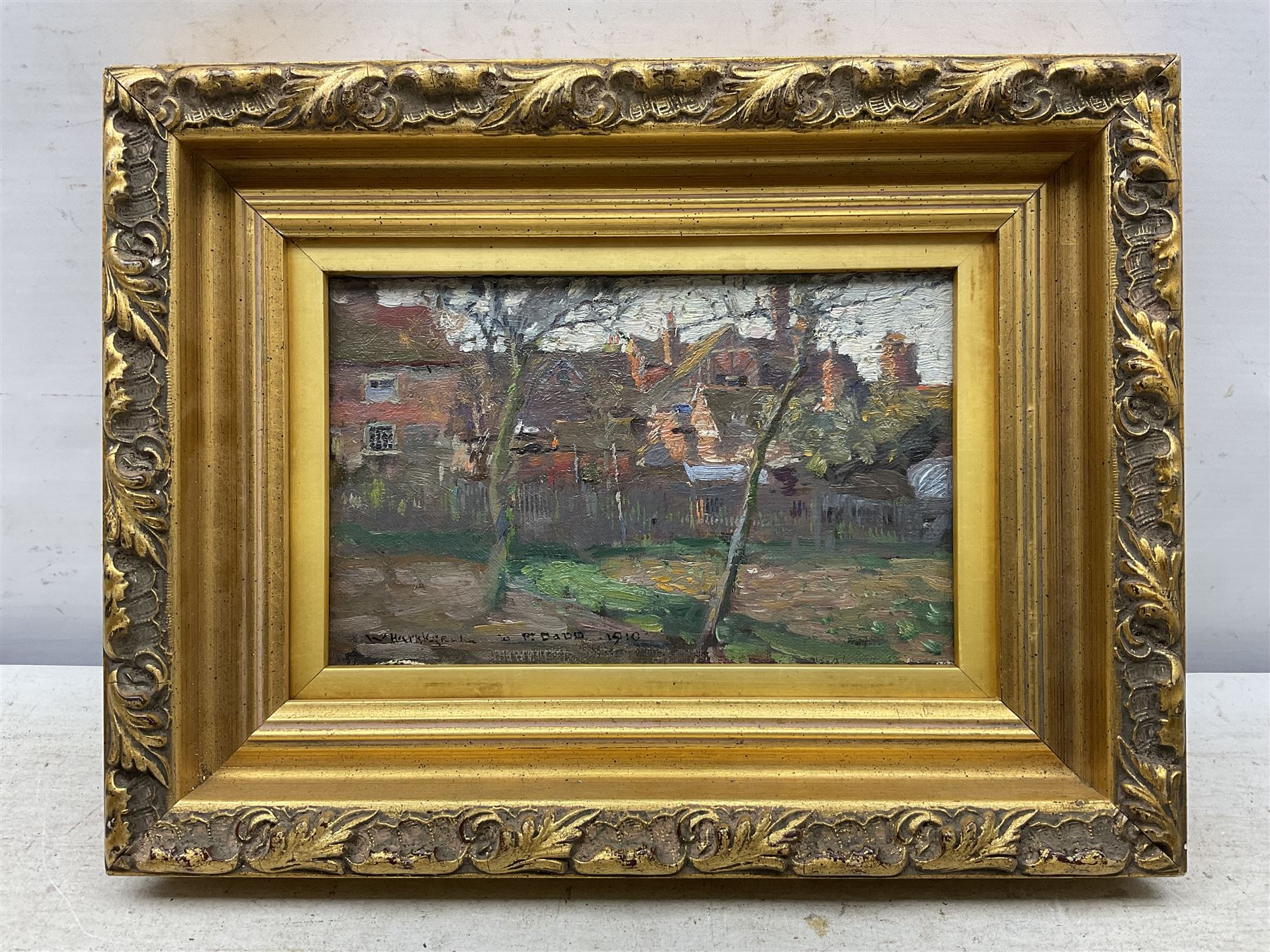 William Hatherell (British 1855-1928): View of the Cottage, oil on board signed 'W Hatherell to P. Dadd' and dated 1910, 13cm x 21cm
Notes: likely referring to Philip Dadd (British 1880-1916), a fellow illustrator. 