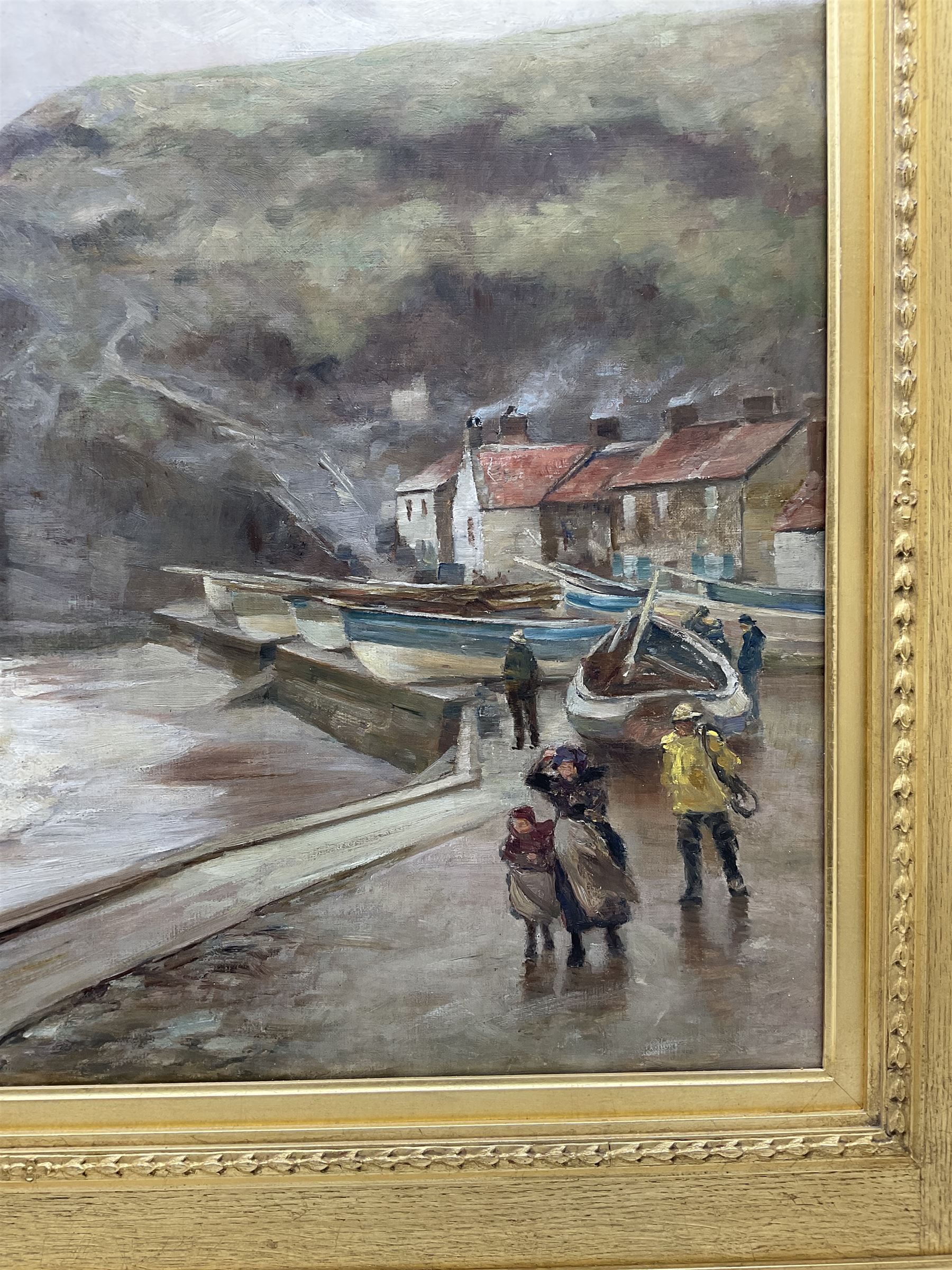 Robert Jobling (Staithes Group 1841-1923): A Blustery Day - Staithes, oil on canvas unsigned 54cm x 74cm 
Provenance: acquired by the vendor from the artist's great-grandson approximately 20 years ago - never previously been on the open market