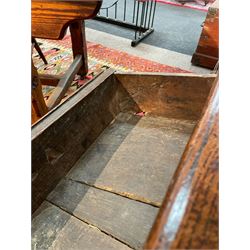 18th century oak dresser base, moulded rectangular top over two drawers and shaped apron, moulded drawer fronts fitted with shaped brass handle plates and swan neck handles, on chamfered square supports united by pot board base 