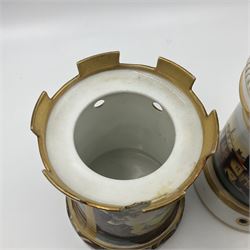 Two 19th century continental teapots and warmers, each teapot upon a cylindrical warming base, hand printed with seascapes, largest H22cm 