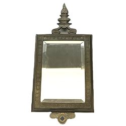 Victorian mirror, the rectangular bevelled glass plate within a bronze frame surmounted by a flaming urn representing undying memory, with Victorian registration lozenge verso, H65cm L29.5cm