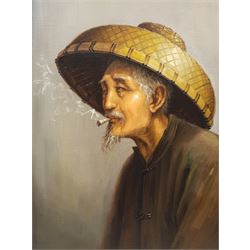 Oriental School (20th century): Portrait of a Chinese Man Smoking, oil on board indistinctly signed 59cm x 44cm