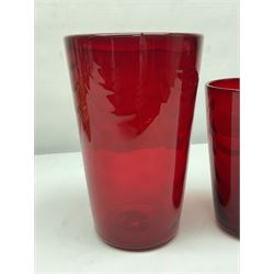 Marriott Powell for Whitefriars, Optic Wave red glass bucket vase, together with similar smaller example, tallest H20cm