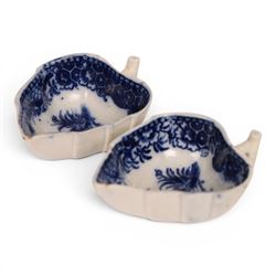 Pair of 18th century Derby blue and white leaf-shaped butter boats with stalk handles, internally decorated with a bird with in a foliage boarder, H3cm 