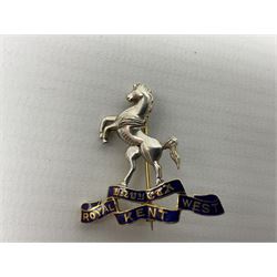 Royal West Kent regiment 9ct gold and enamel sweetheart brooch; The Queens Own regiment silver and enamel sweetheart brooch; and another sweetheart brooch for the Royal West Kent regiment (3)