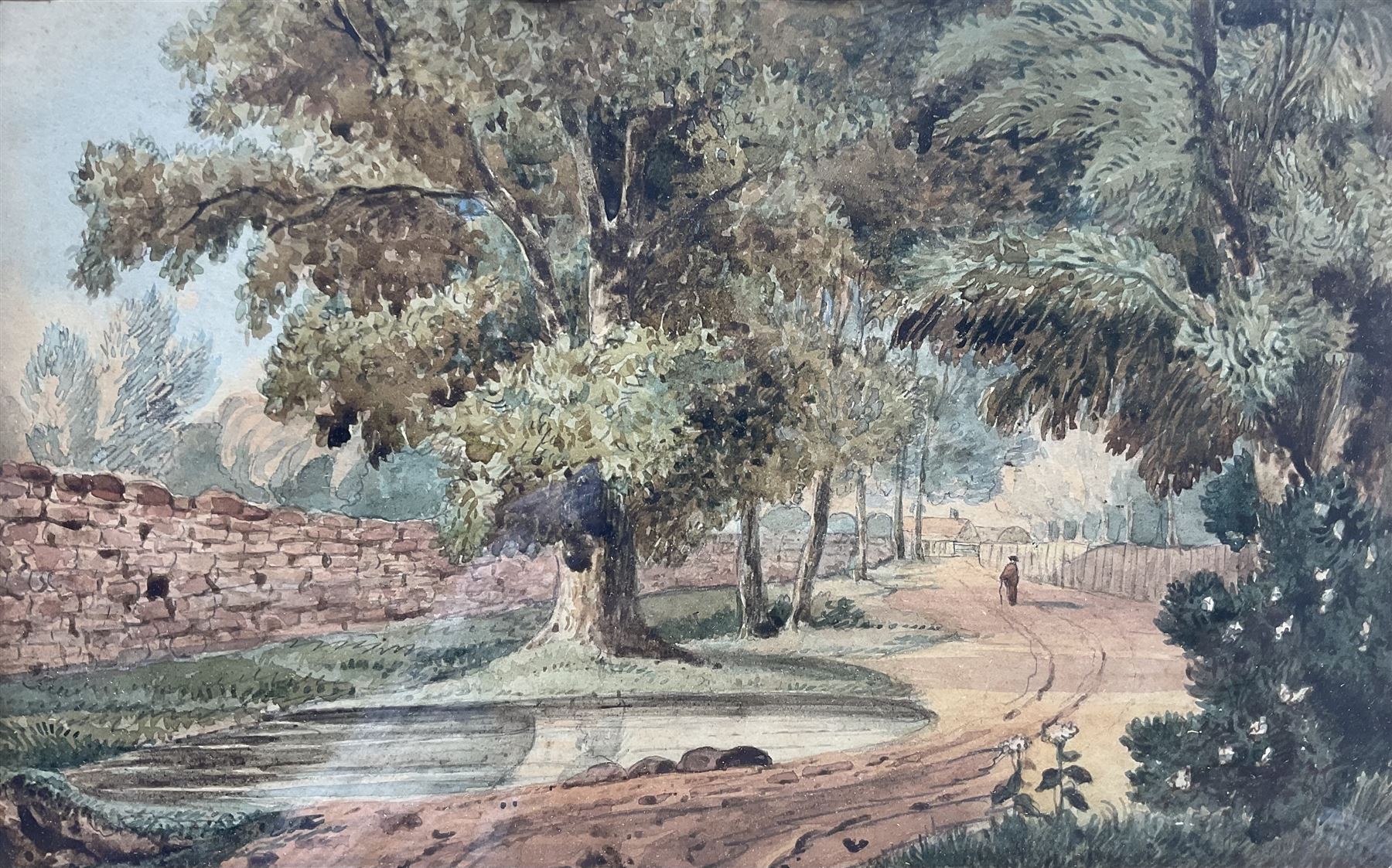 Attrib. Edward Dayes (British 1763-1804): 'An Essex Byway', watercolour titled and attributed on the mount 17cm x 27cm; After Georges Redon (French 1869-1943): 'Ne Buvez Jamais D'eau' - 'Never Drink Water', lithograph from the 'Naughty Children' series 44cm x 31cm; together with a Louis Wain print 12cm x 20cm (3)