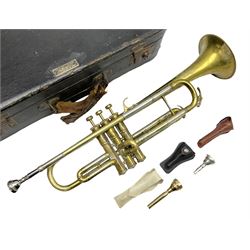 Boosey & Hawkes Emperor brass trumpet L48.5cm; in Henri Selmer carrying case with five mouth pieces and four mutes