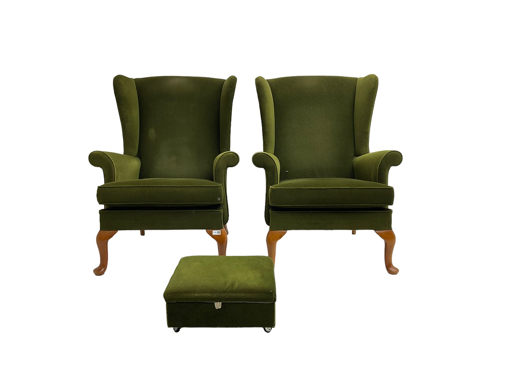 Parker Knoll - pair  vintage 'Penhurst' wingback armchairs, upholstered in olive green fabric on cabriole front supports