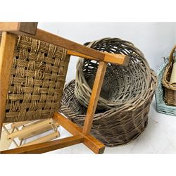 Twin handled wicker log basket, together with a wicker topped stool, wooden wine rack and other items (8)