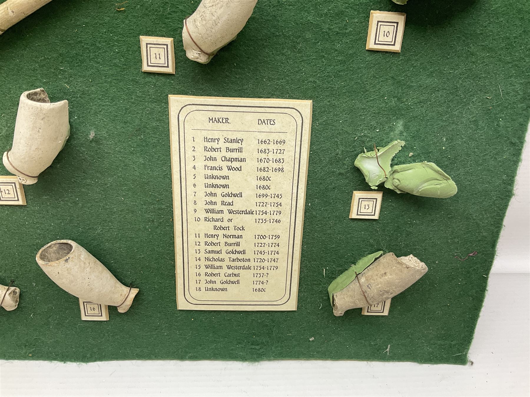 Annotated display board of clay pipes; rootwood walking stick and Yorkshire CCC signed cricket bat 2001