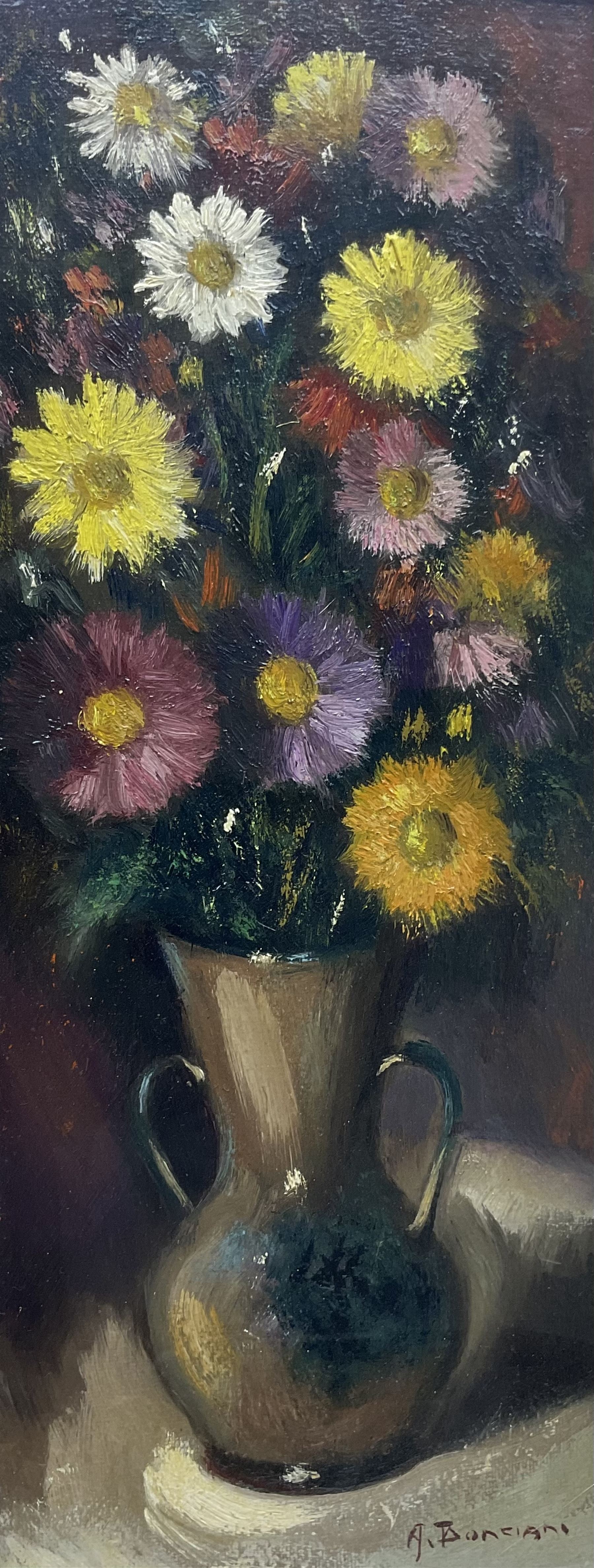Alfredo Bonciani (Italian 1902-1988 ): Flowers in an Earthenware Vase, oil on board signed, artist's studio label verso 49cm x 19cm