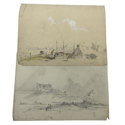George Balmer (British 1806-1846): 'Dunstanborough Castle' Berwick' 'Blyth' & 'Bamborough Castle', five pencil sketches highlighted in brown and white on grey paper signed titled and dated 1835, 23cm x 32cm; 'Bamborough Castle', 19th century pencil unsigned 34cm x 45cm (unframed) (6)