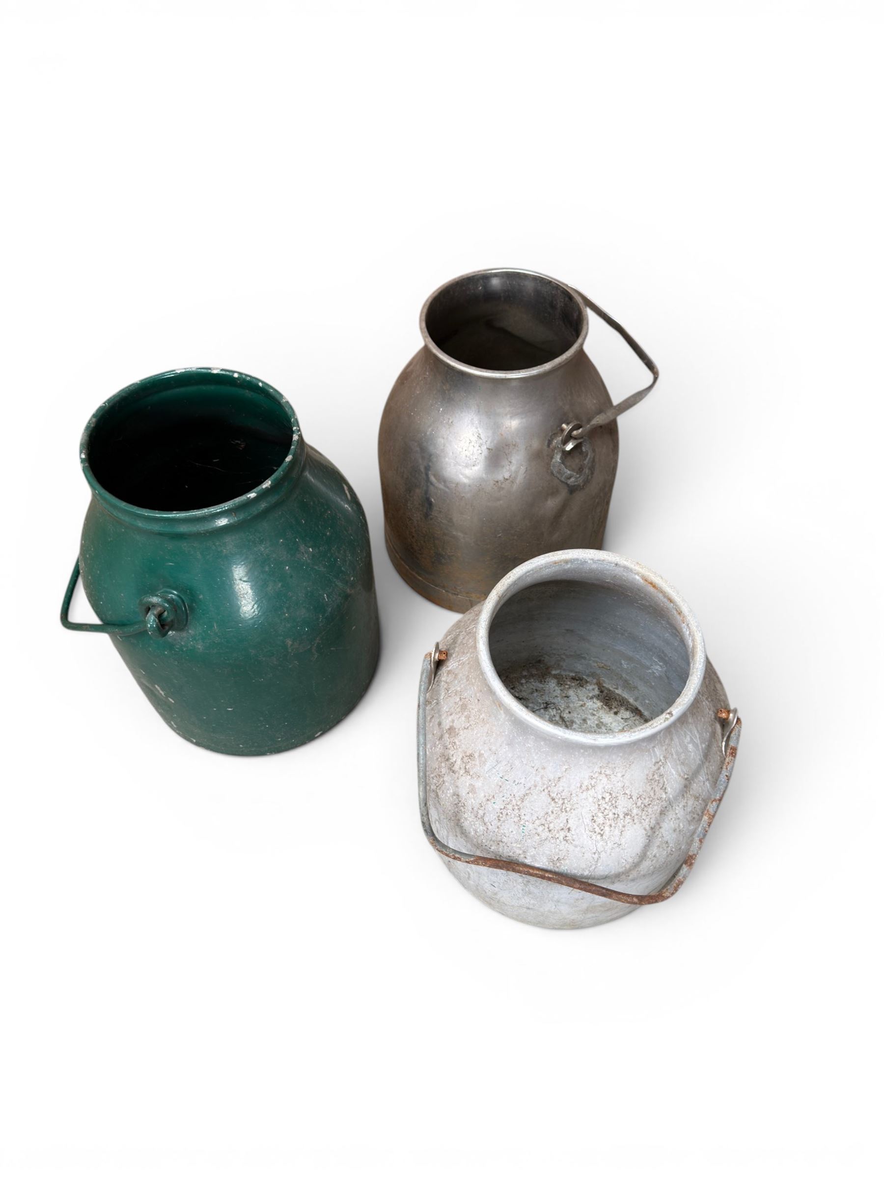 Three metal dairy buckets with carrying handles