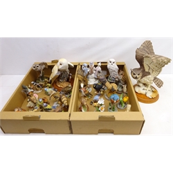  Two Franklin Mint porcelain figures 'The Barn Owl' & 'The Great Horned Owl', Beswick Robin, various other bisque glaze bird models etc in two boxes  