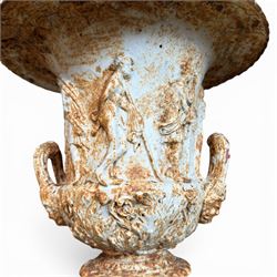 Andrew Handyside - pair of 19th century best quality cast iron garden urns, individually detailed in relief Allegorical Figures and Helaldic Swans, campagna form with twin handles, detail under rim, raised on circular fluted base