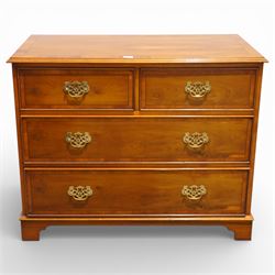 Late 20th century pair of yew wood chests of drawers, each with rectangular tops above two short over two long drawers, cockbeaded drawer fronts fitted with brass swan neck handles, raised on bracket feet
