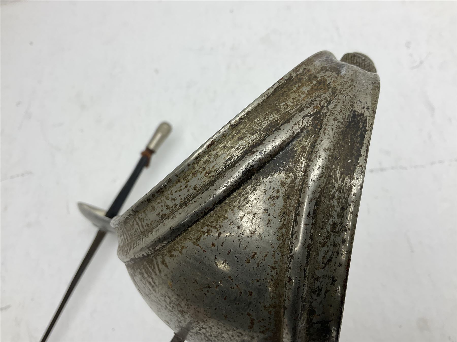 Reproduction Japanese katana with 63cm slightly curving fullered steel blade, ornate tsuba, cord bound grip and gilt transferred black saya L92cm; and two fencing foils, one marked Leon Paul (3)