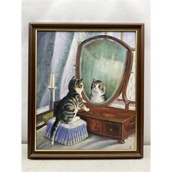 Graham Flight (20th century): Cat at the Dressing Mirror, oil on canvas signed with initials 60cm x 50cm