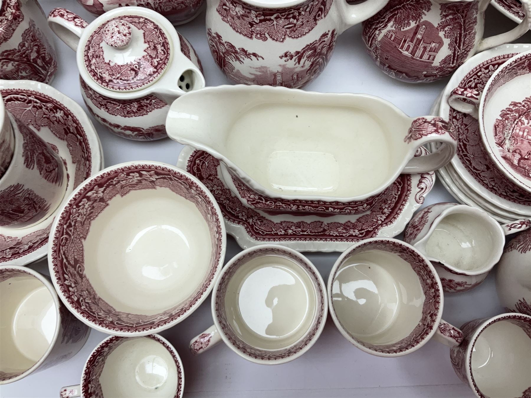 Masons Vista pattern ceramics, including coffee pot, sauce boat, twin handled jar and cover, teapots, mugs, etc 