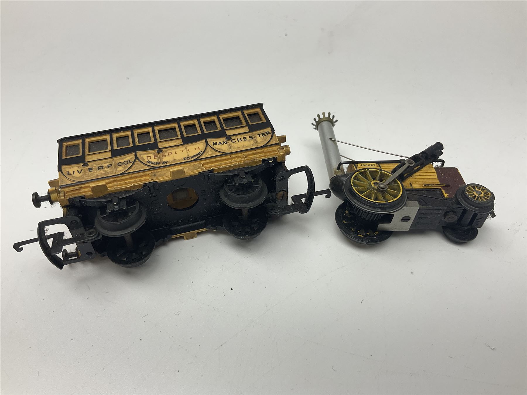 Hornby/Tri-ang '00' gauge - six locomotives - Class 9F 2-10-0 'Evening Star' No.92220; Class A3 4-6-2 (no name or number); Dean Single 4-2-2 'Lord of the Isles' No.3046; Princess Class 4-6-2 'The Princess Royal' No.46200; Class 57XX Pannier 0-6-0 tank No.8751; and Stephenson's Rocket with one passenger coach; all unboxed (6)