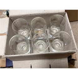 Caithness 'Fireball' paperweight, together with four cased Tyrone Crystal glasses, glass oil lamp, three glass decanters etc, in two boxes