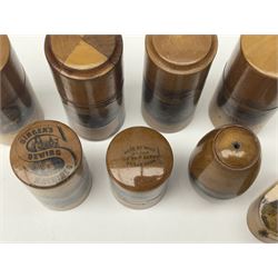 Collection of Mauchline ware relating to sewing, to include four ovoid shaped thimble cases, hinged lid thimble case and needle cases (12) 