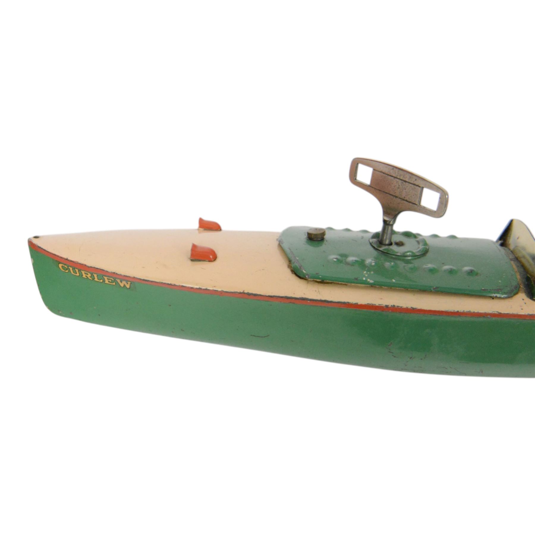 Two tinplate clockwork speedboats, comprising Meccano Hornby Speedboat no. 3 'Curlew', with key and Sutcliffe 'Racer 1'