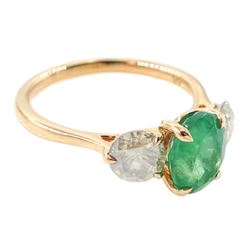 18ct rose gold three stone emerald and diamond ring, single oval cut emerald of approx 1.80 carat, with a round brilliant cut diamond set either side, hallmarked, total diamond weight approx 1.20 carat