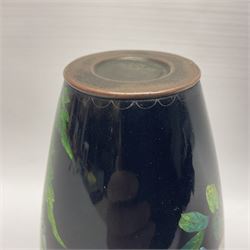 Japanese cloisonne enamel vase, of baluster form, decorated with a scene of flowers and butterflies upon a black ground, H15.5cm