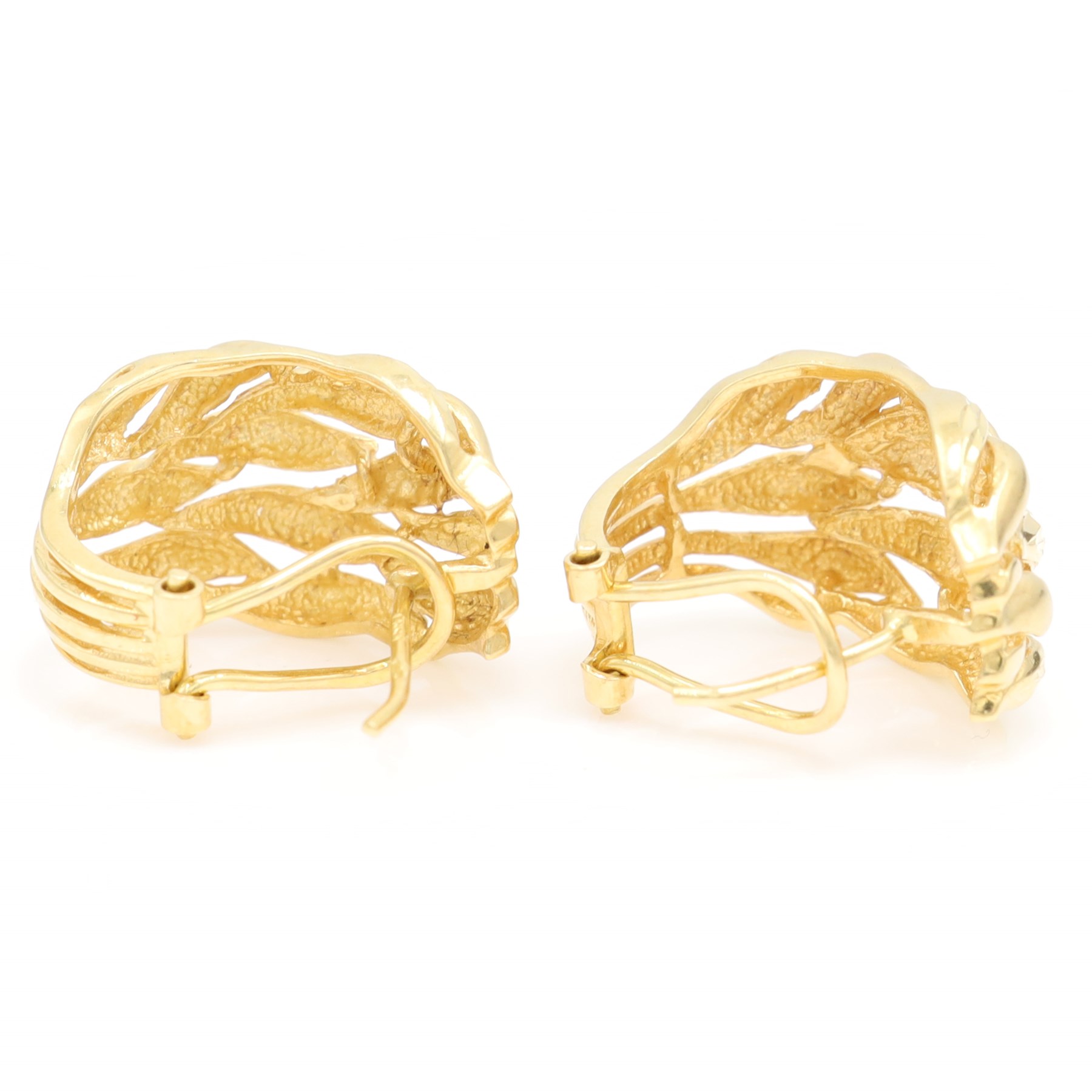 Pair of 18ct gold textured and polished leaf design hoop earrings, stamped 750