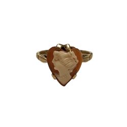 9ct gold heart shaped cameo ring, stampe