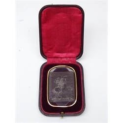  Late 19th century rock crystal cameo, intaglio engraved with Napoleon crossing the Alps at the St. Bernard Pass, after Jacques-Louis David, signed Possi. F, in 18ct gold mount, tested & fitted case, H7.8cm x W5.5cm   