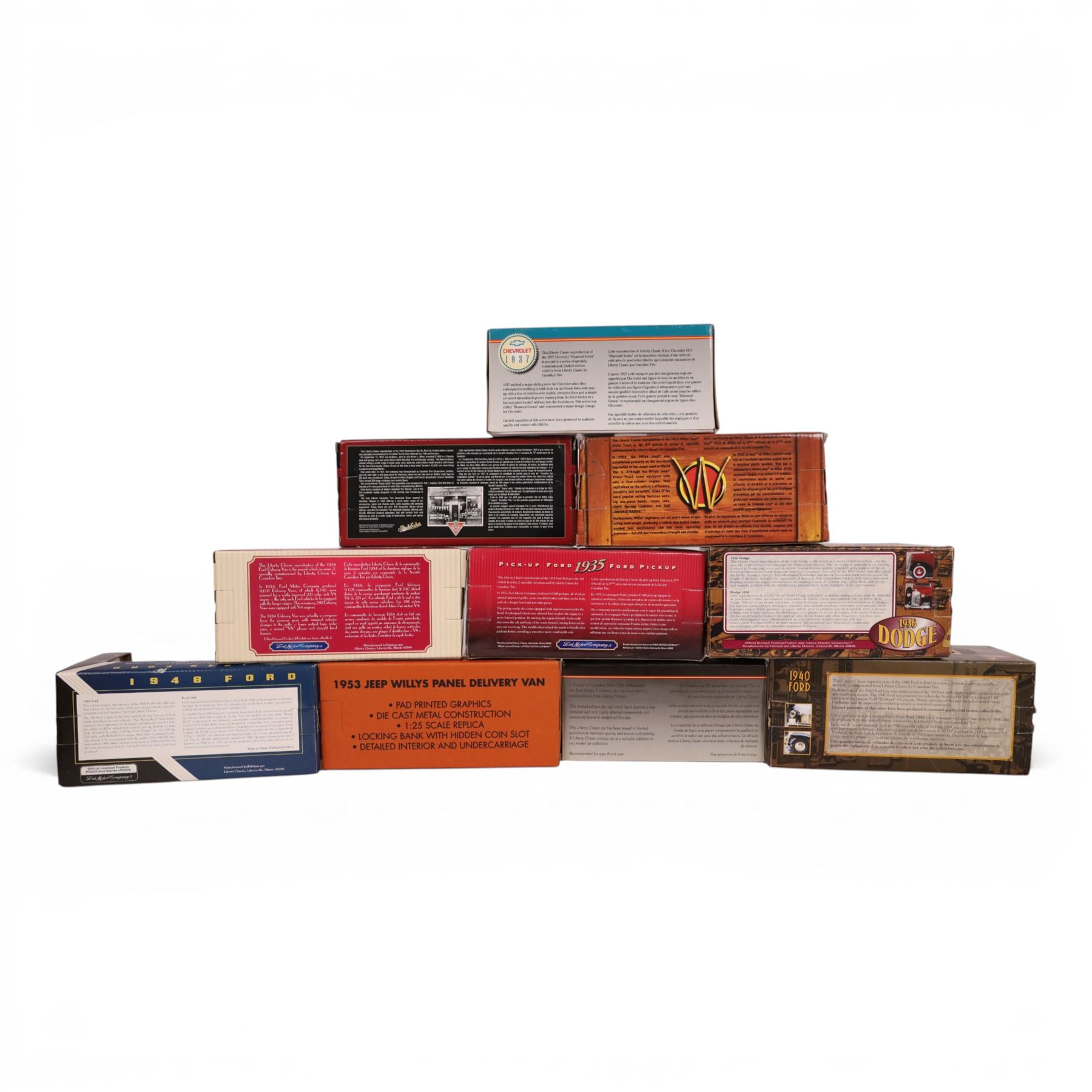 Ten diecast model collectors banks, comprising nine Liberty Classics Inc. examples, 1953 Willys Jeep Stake Truck, 1922 Studebaker Big Six Pick-Up, 1937 Chevy, 1948 Ford, 1936 Dodge, 1934 Ford Delivery Van, 1940 Ford, 1935 Ford Pickup, Canadian Tire Corporation 70th Anniversary Delivery Van and a Harley Davidson 1953 Jeep Willys Panel Delivery Van, all boxed