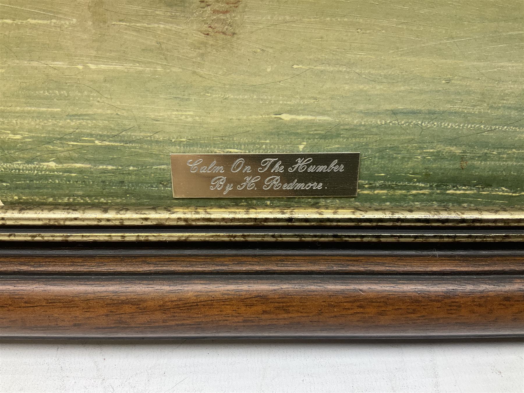 Framed oleograph type print after Henry Redmore, Calm on the Humber, overall H60cm W121cm