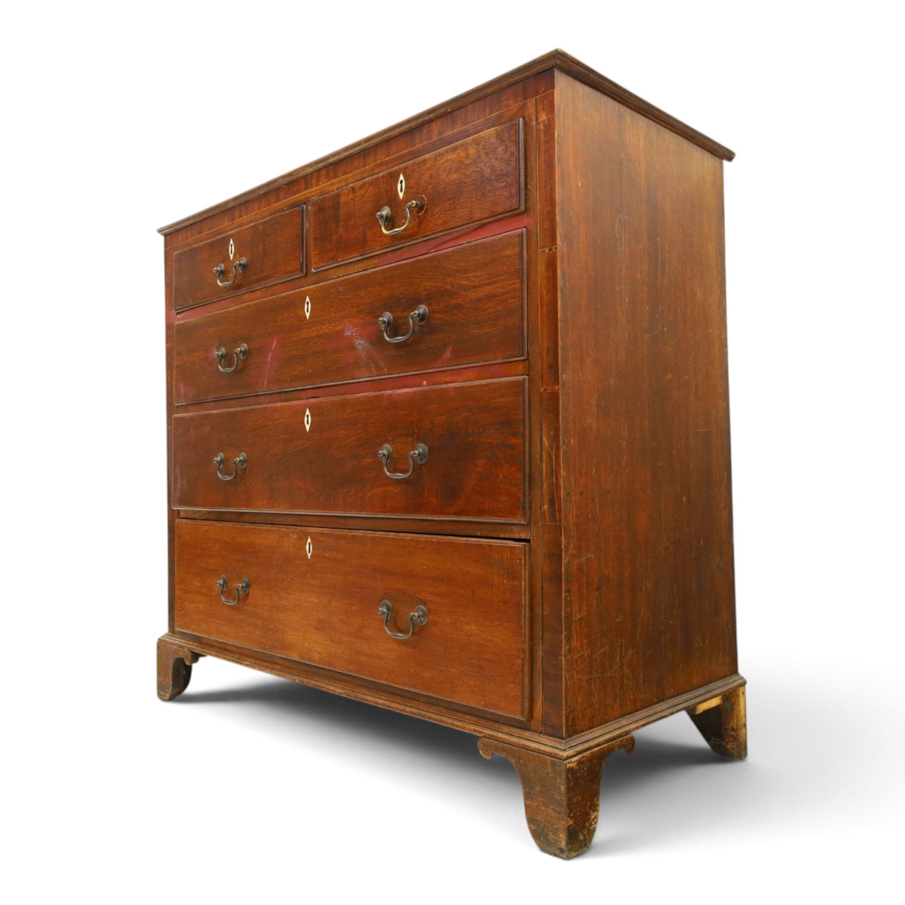 18th century oak chest, fitted with two short and three long graduating drawers, bone escutcheons and brass swan neck handles, bracket feet