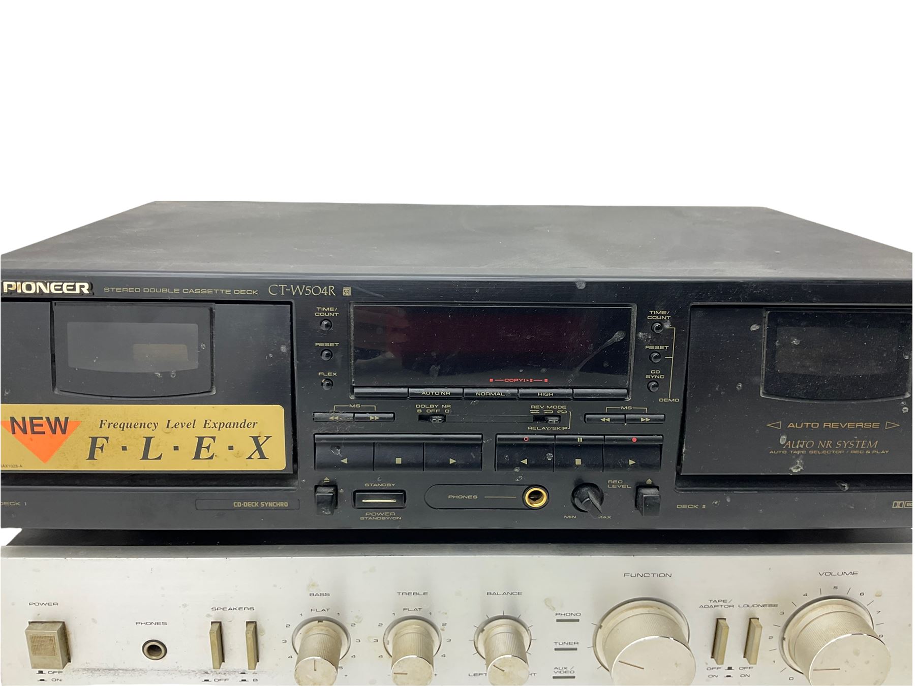 Rotel record player with pioneer amps and cassette deck with a pair of Wharfdale speakers