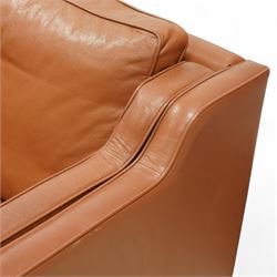 Stouby - Danish design two-seater sofa, upholstered in tan leather with loose cushions and square tapering stained hardwood legs
