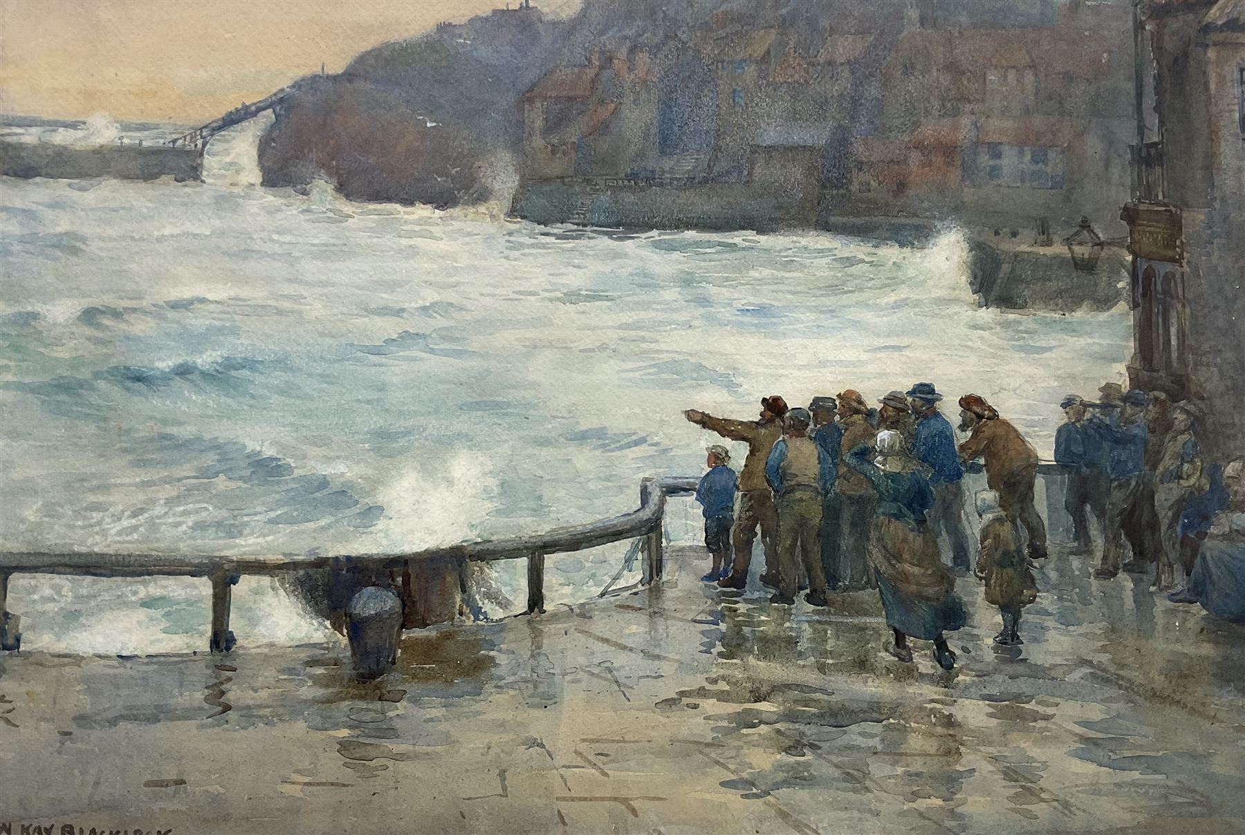 William Kay Blacklock (British 1872-1944): Waiting for the Boat - Crowd Gathered outside the Marine Hotel Whitby, watercolour signed 35cm x 52cm 
Provenance: private collection, purchased David Duggleby Ltd 17th September 2021 Lot 109