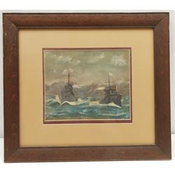 K Dick (British 19th/20th century): 'The Battle of Tsushima' 27th May 1905, scene from the Russo-Japanese War, watercolour signed, biographical information verso 18cm x 22cm