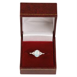 Silver opal and cubic zirconia ring, boxed
