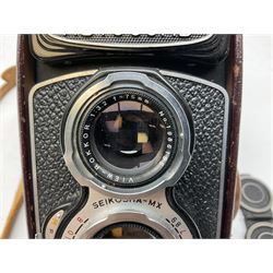 Minolta Autocord camera,serial no. 192659, 'View- Rokkor 1:32 f=75mm no.1986165' lens and 'Chiyoko Rokkor 1:3.5 f=75mm lens no.1400117' in brown leather case
